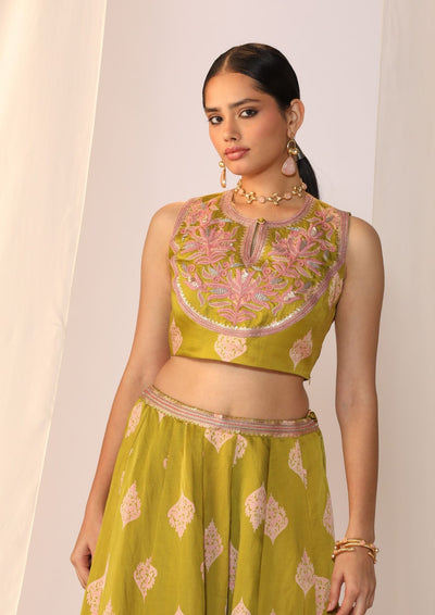 Block printed satin lehenga choli with duppata