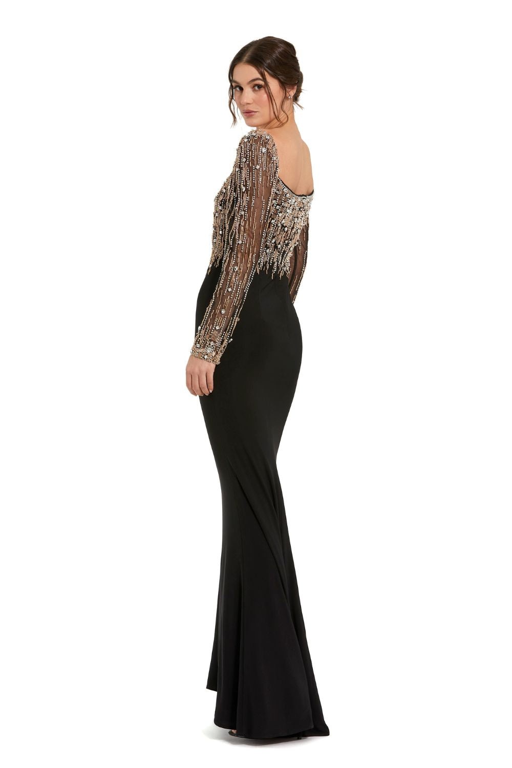 2256-Beaded Square Neck Long Sleeve Jersey Gown