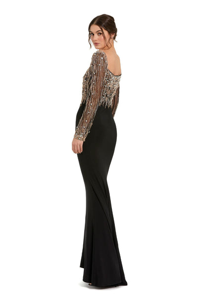2256-Beaded Square Neck Long Sleeve Jersey Gown