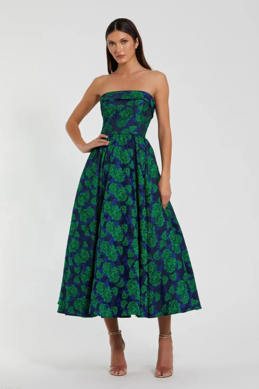 Blue and Green Brocade Strapless A Line Midi Dress
