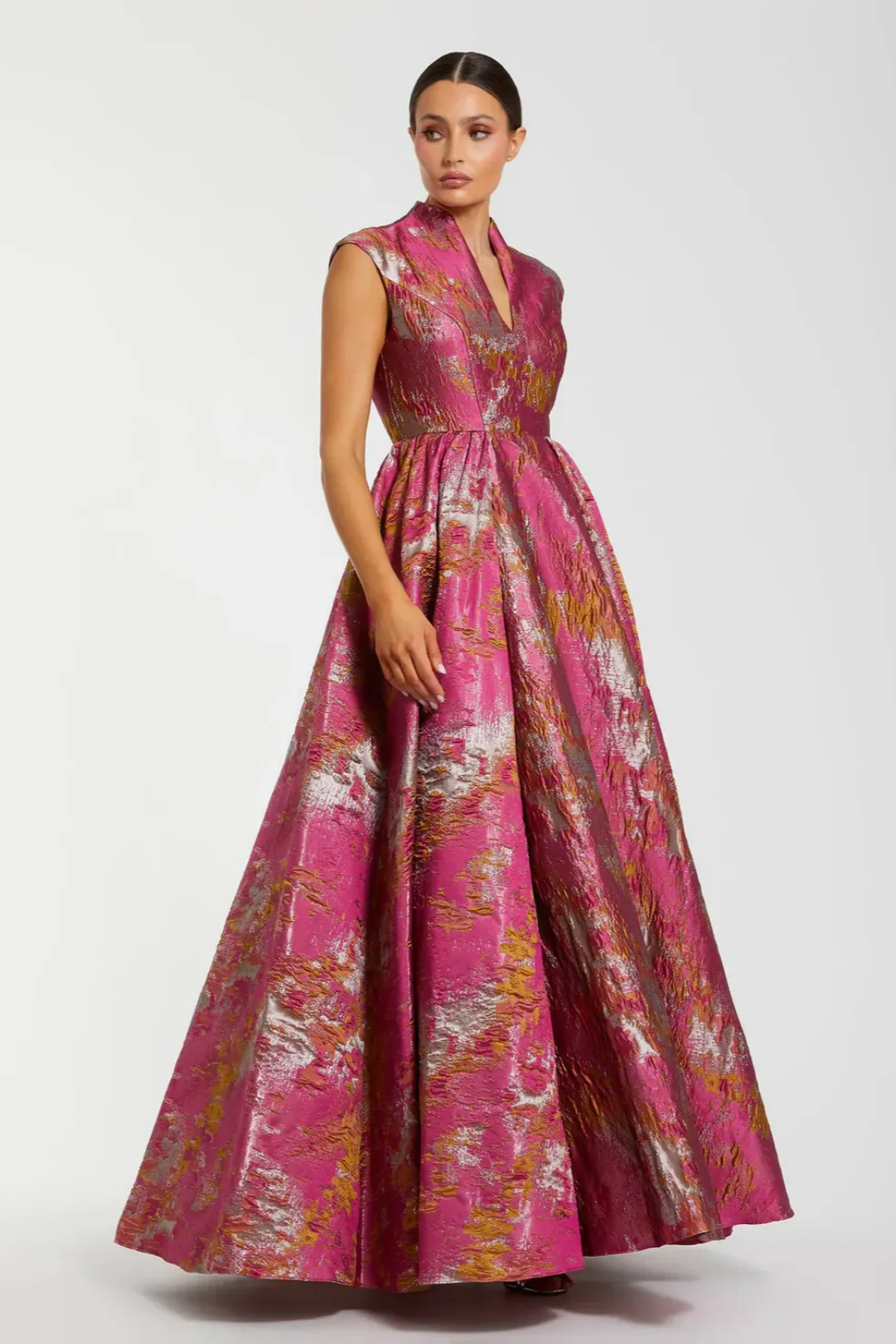 Pink Metallic Jacquard Ball Gown with Mandarin Collar