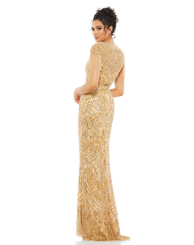 4715-Embellished Fringe Cap Sleeve Trumpet Gown