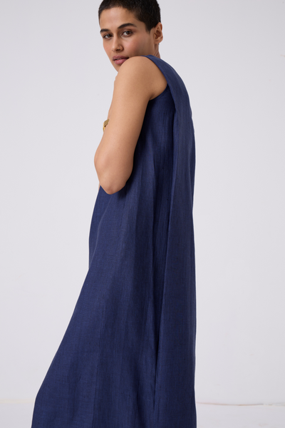 Noj Indigo Weave Linen Midi Dress