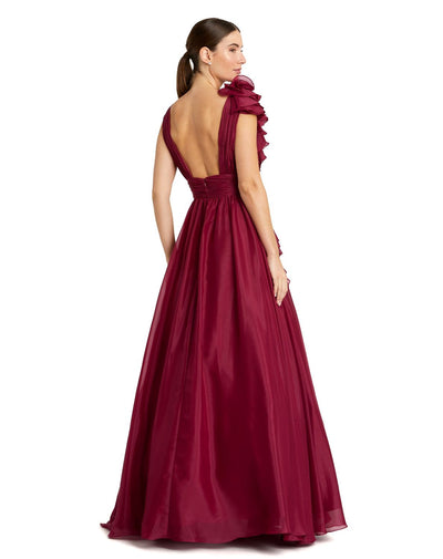 48856-Burgundy Ruffle Shoulder V-Neck Chiffon Gown