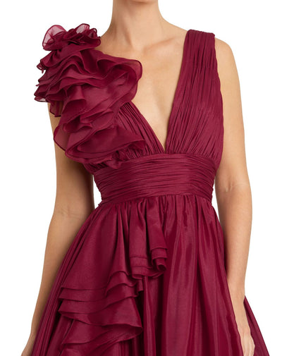 48856-Burgundy Ruffle Shoulder V-Neck Chiffon Gown