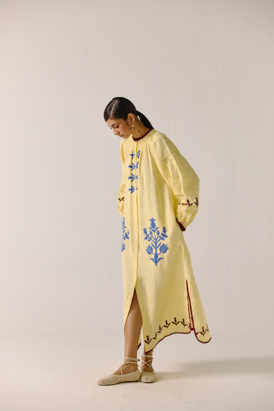 Chloe Dress - Butter Yellow Bird Applique