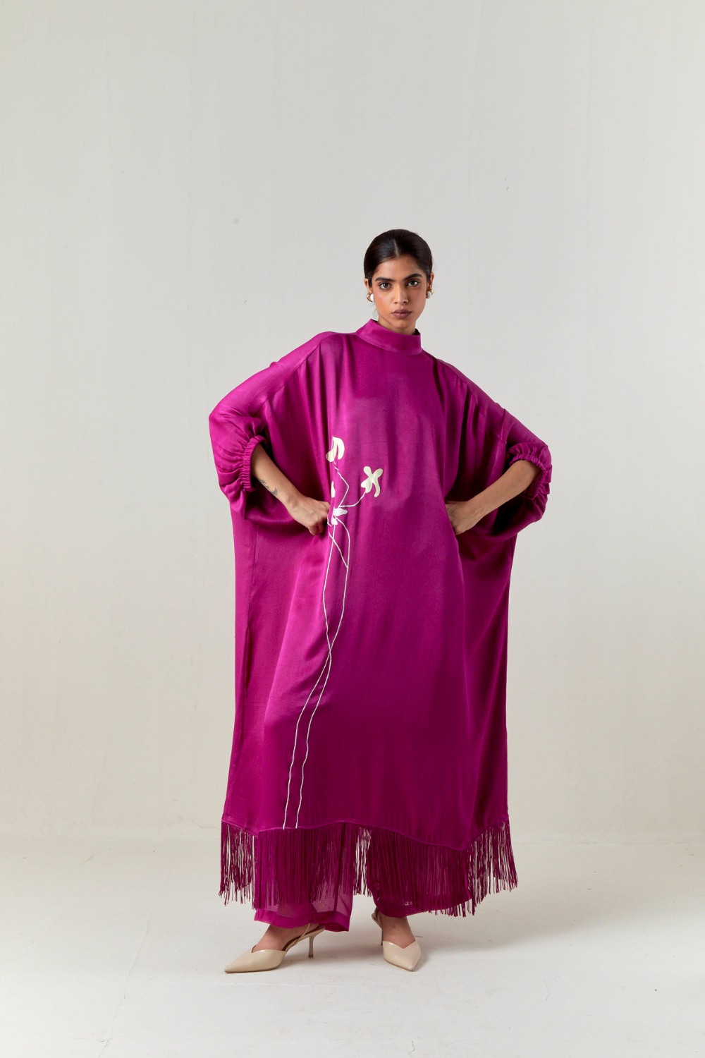 FLORAL FRINGE KAFTAN CO-ORD-FUCHSIA