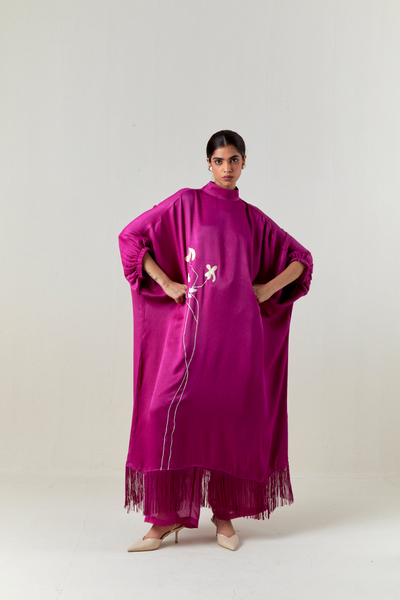 FLORAL FRINGE KAFTAN CO-ORD-FUCHSIA