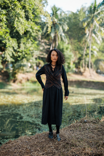 Upcycled Handwoven Seattle Wrap Calf Dress - Black Copper