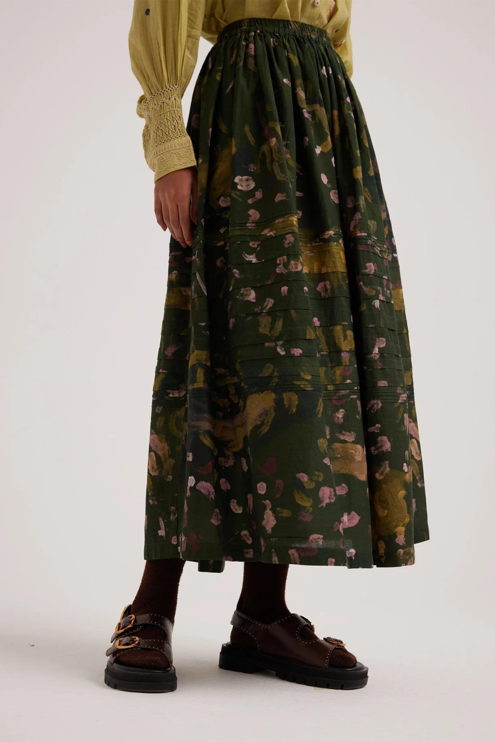 Pintuck Skirt-Green Strokes