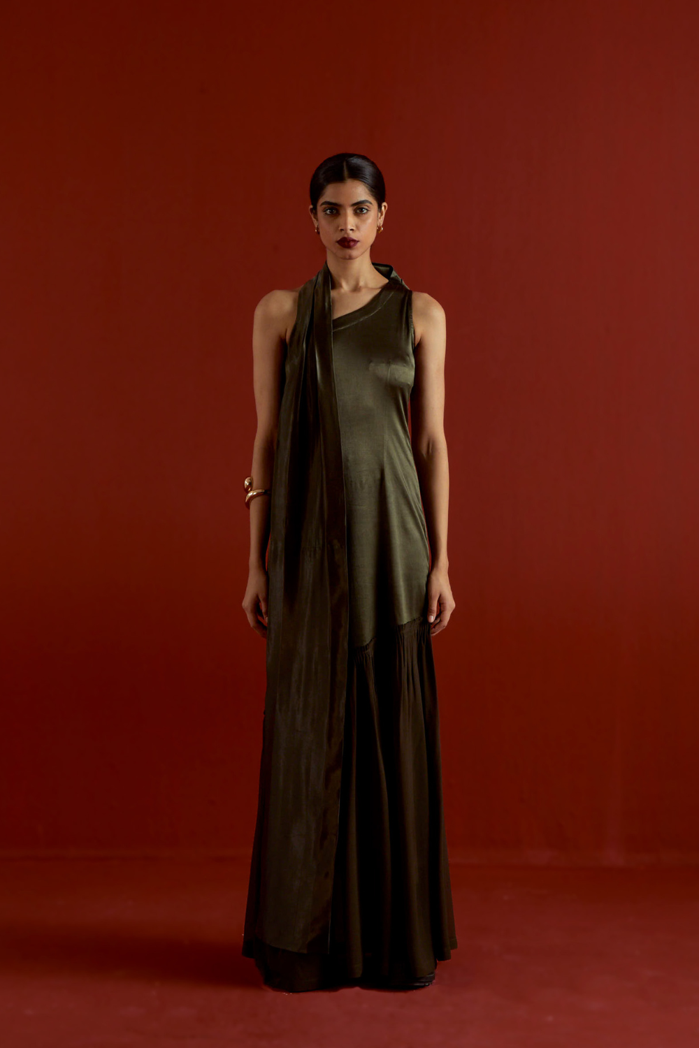 ONE SHOULDER DRESS-DARK OLIVE