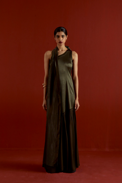 ONE SHOULDER DRESS-DARK OLIVE