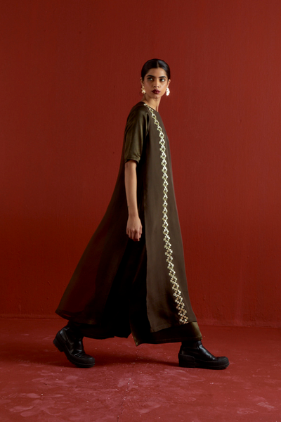 GOTA PATTI DETAIL DOUBLE LAYER DRESS-DARK OLIVE