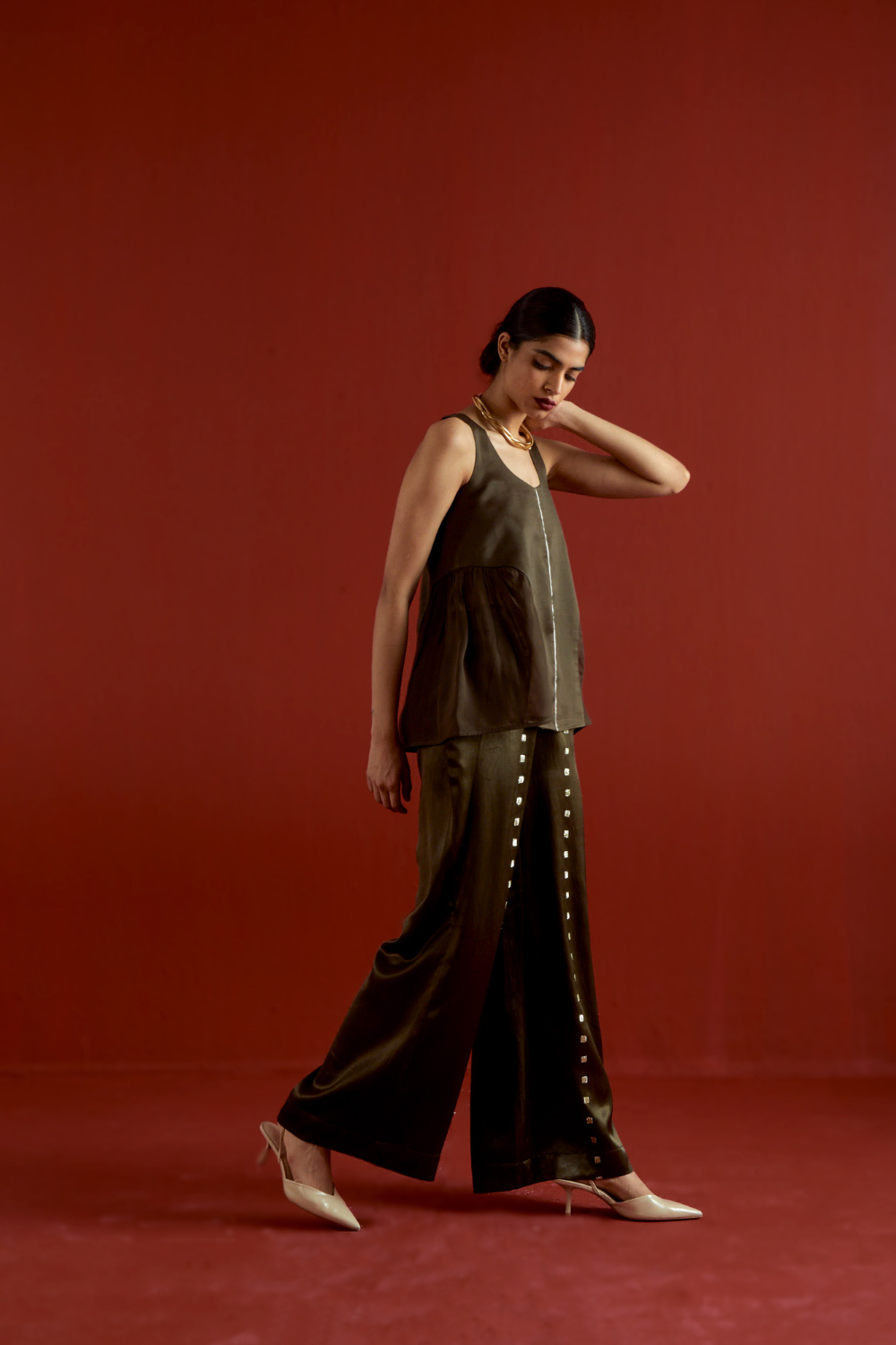 SIDE U-GATHER TOP CO-ORD-DARK OLIVE