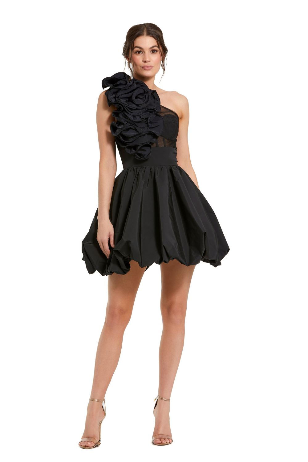 49858-Taffeta One Shoulder Ruffle Bubble Mini Dress
