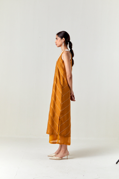 V-NECK EMBELLISHMENT DETAIL DRESS-OCHRE