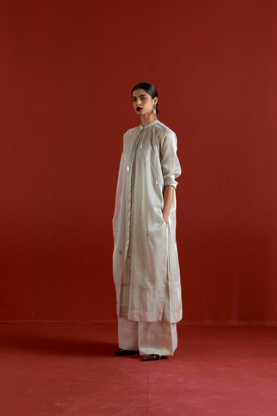 EMB. GATHER NECK SHIRT CO-ORD-METALLIC GREY
