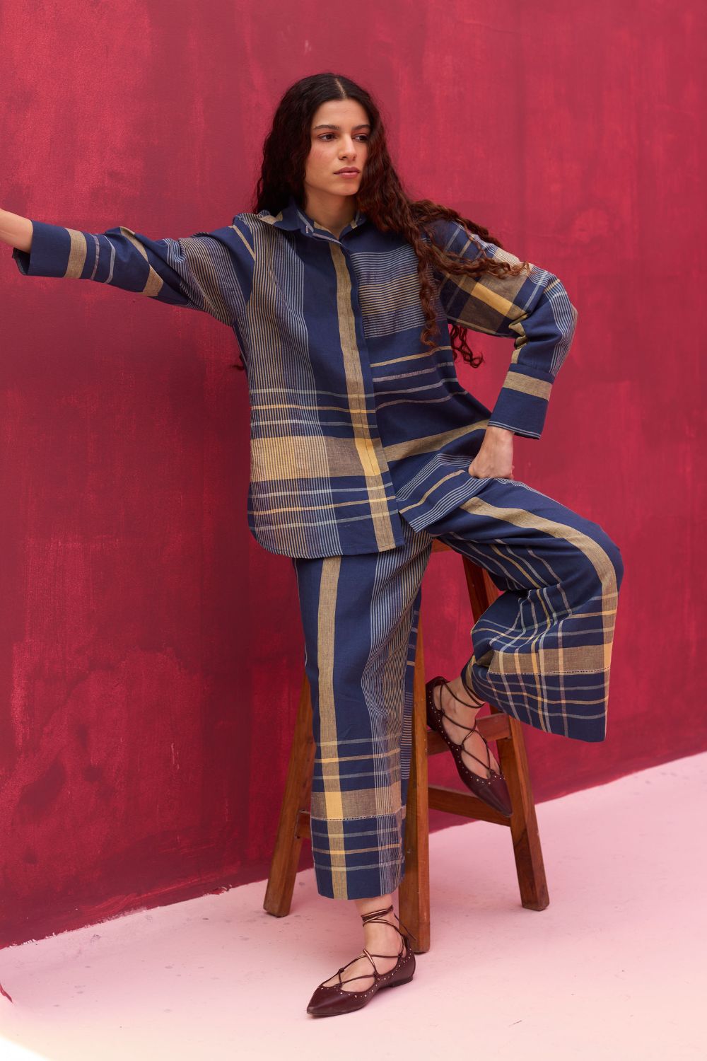 Buna Check Linen Co-ord Set - Navy