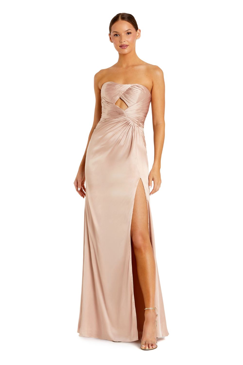 68837-Pink Strapless Charmeuse Wrap Gown With Cutout Detail