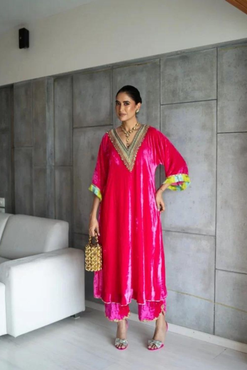 Nadira Hot Pink Velvet Kaftan Kurta Set