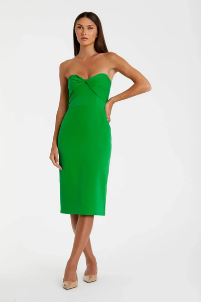 Green Crepe Strapless Twist Top Fitted Midi Dress