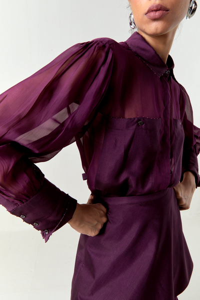 BEADED COLLAR SHEER SHIRT CO-ORD-WINE