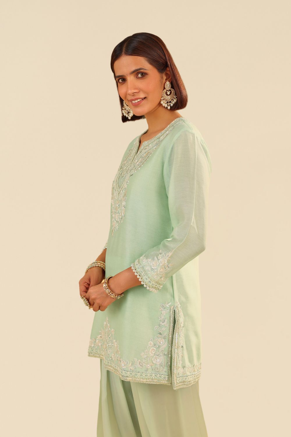 Haniya - Short Kurta With Salwar And Dupatta-Mint Green