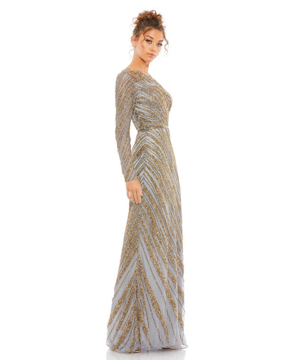 5240-Long Sleeve Beaded Column Gown (platinum)