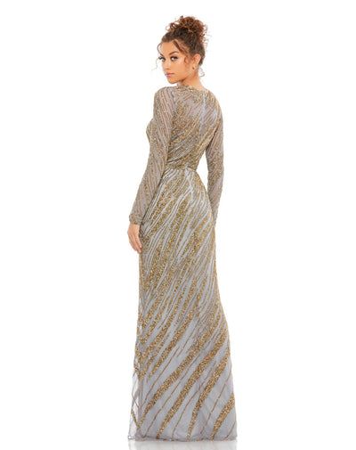 5240-Long Sleeve Beaded Column Gown (platinum)