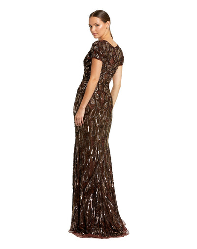 5243-Brown Beaded Embellished V Neck Cap Sleeve Column Gown