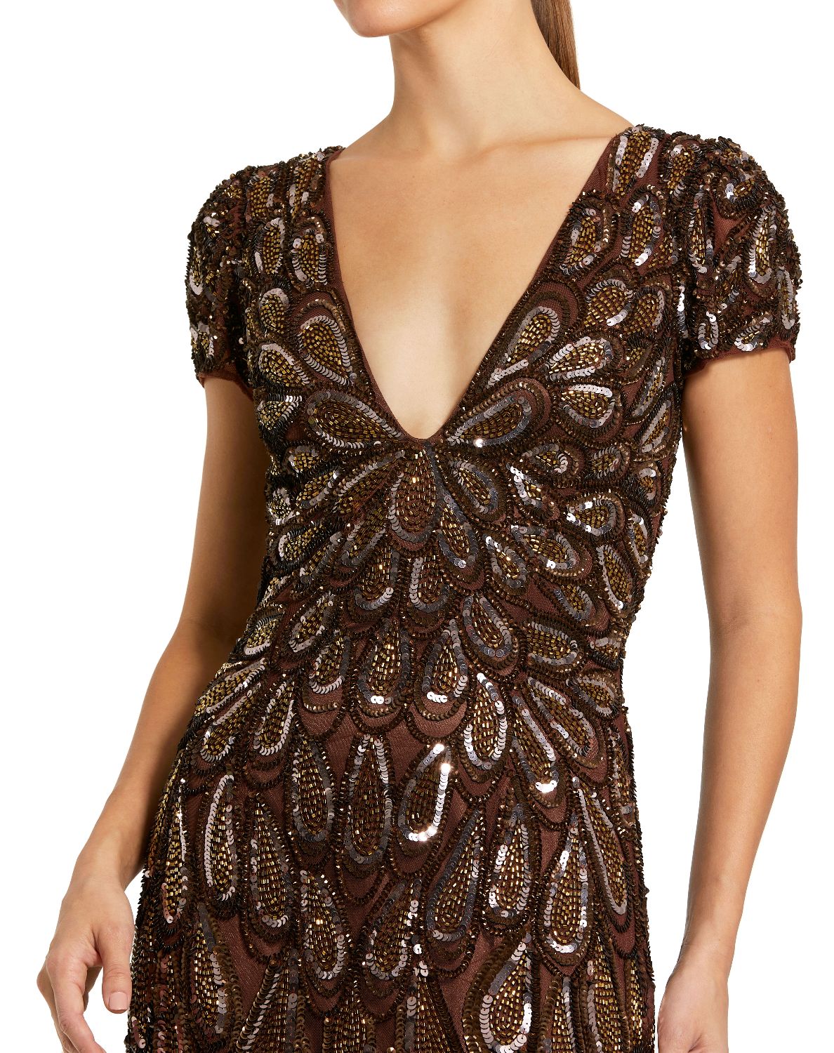 5243-Brown Beaded Embellished V Neck Cap Sleeve Column Gown