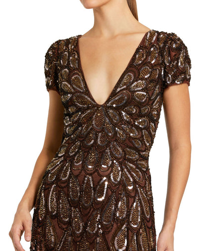 5243-Brown Beaded Embellished V Neck Cap Sleeve Column Gown