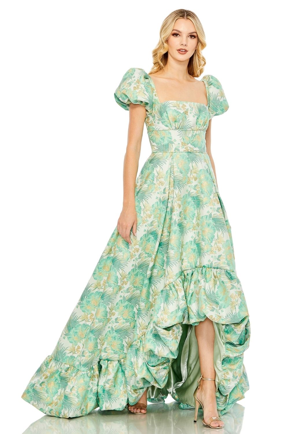 MD-68276 Asymmetric Brocade Dress-Green