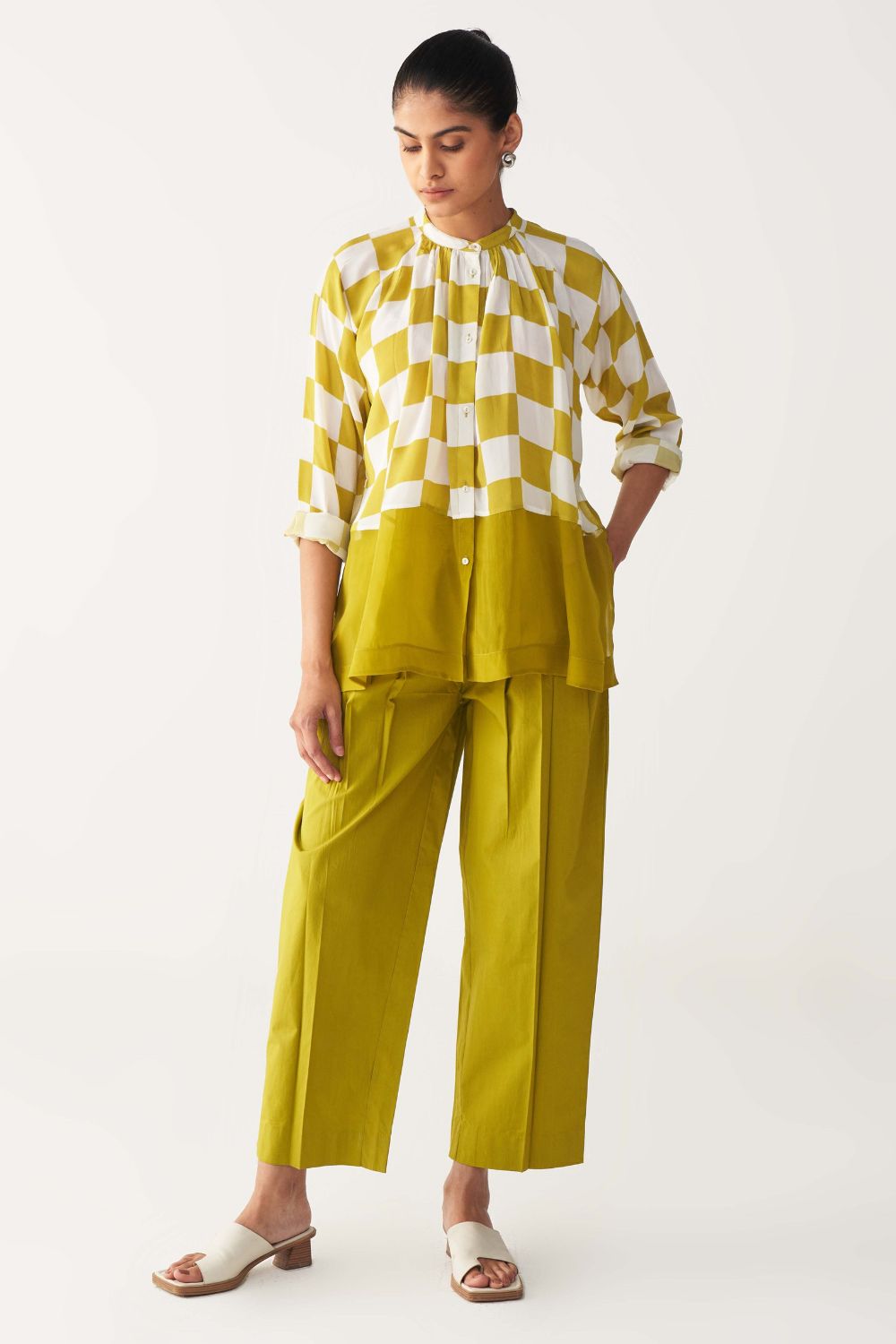 CHECKERED PEASANT TOP CO-ORD-LIME