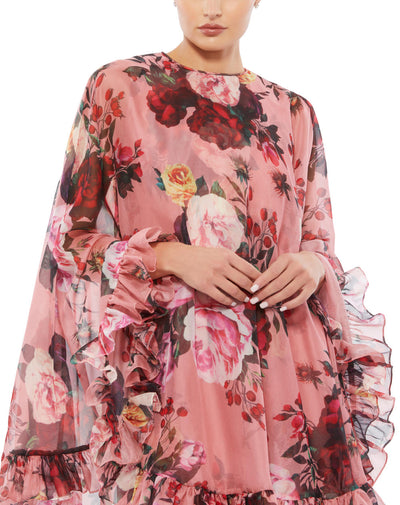 55404-Floral Print High Neck Ruffle Hem Cape Mini Dress