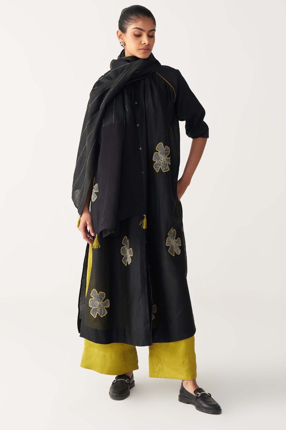 FLORAL EMB. GATHER NECK SHIRT CO-ORD (SET OF 3)-BLACK & LIME