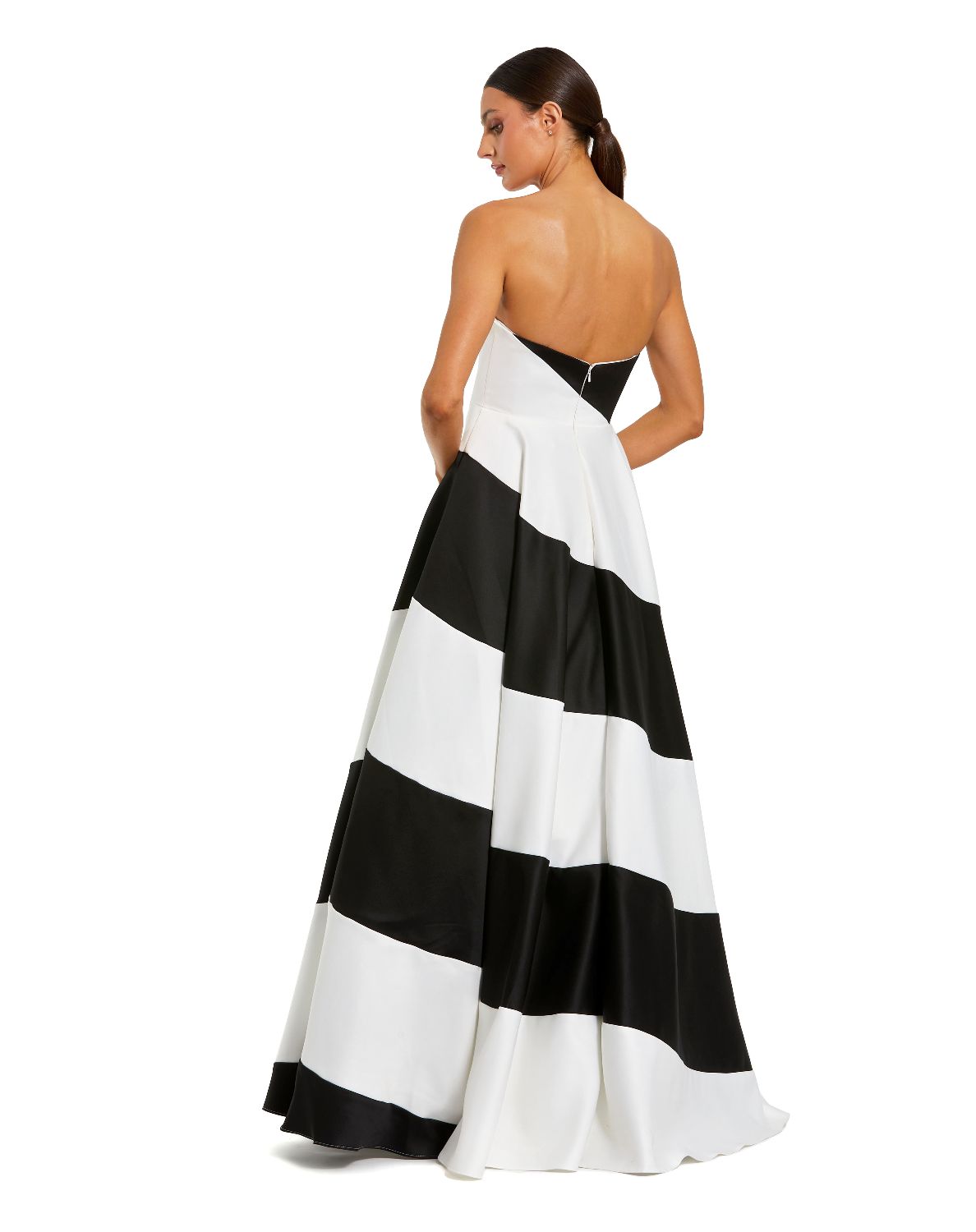 56190-Black and White Striped Satin Strapless Ball Gown