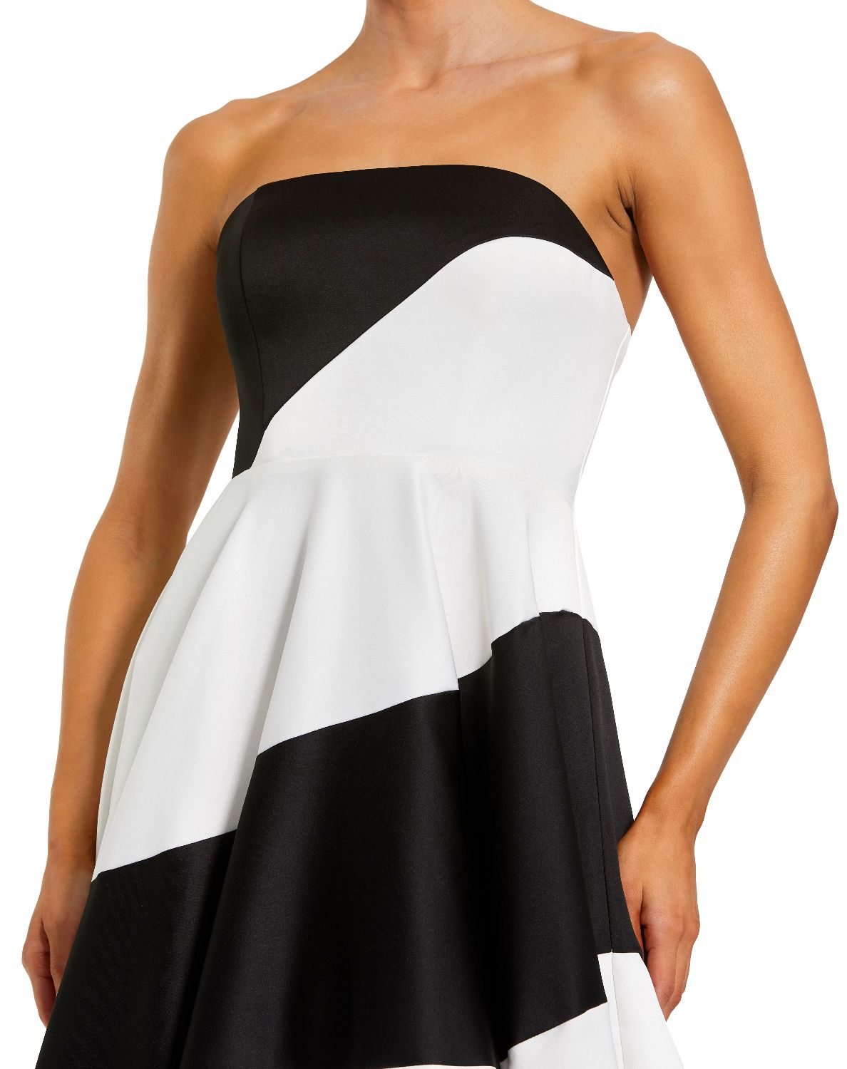 56190-Black and White Striped Satin Strapless Ball Gown