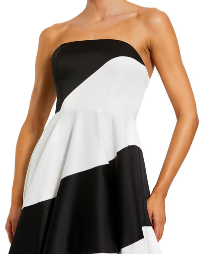 56190-Black and White Striped Satin Strapless Ball Gown