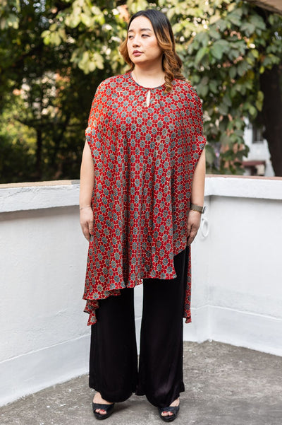 Surkh Red Ajrakh Asymmetric Tunic Set