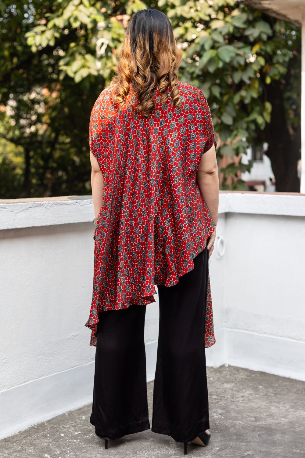 Surkh Red Ajrakh Asymmetric Tunic Set