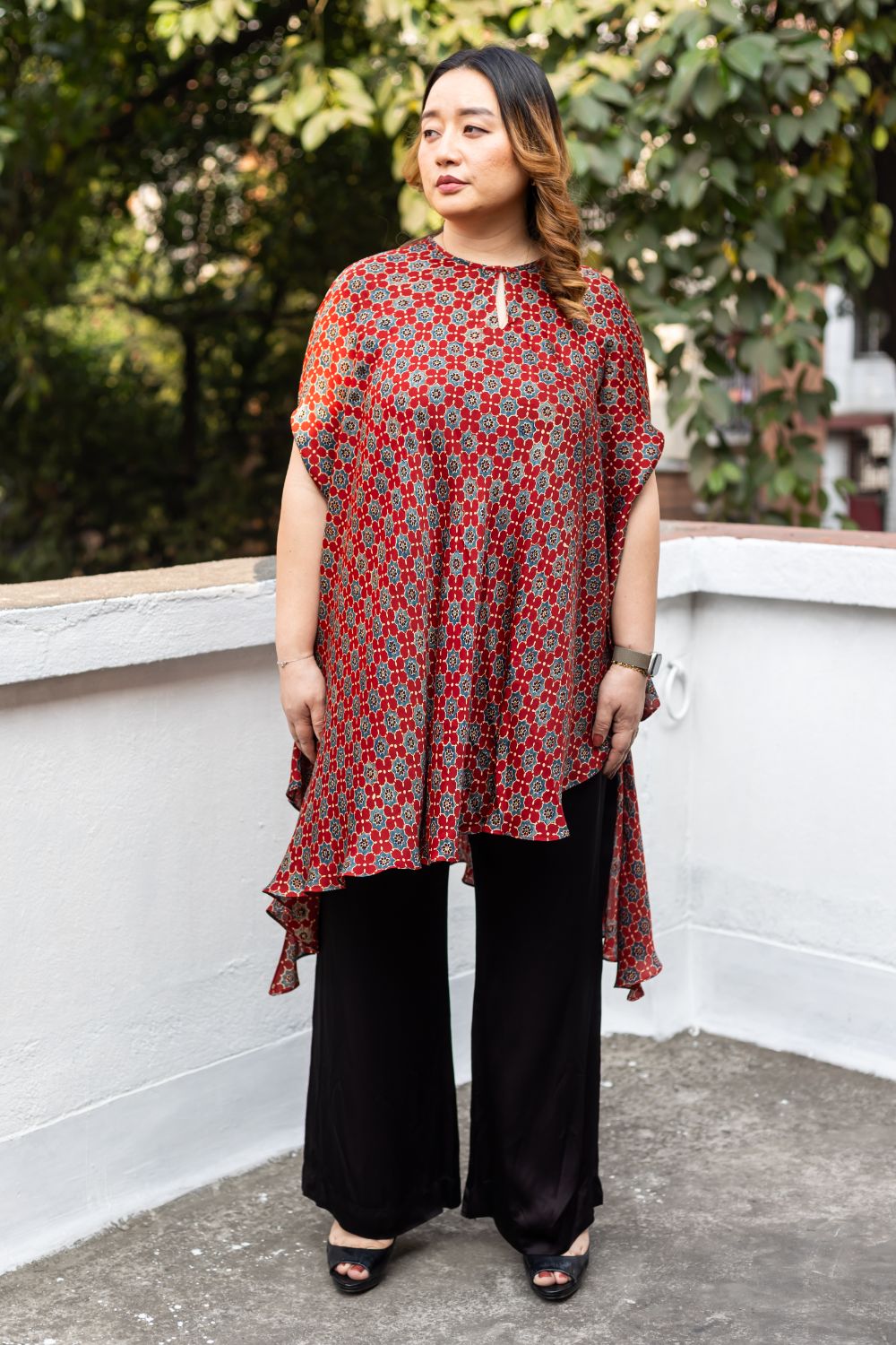 Surkh Red Ajrakh Asymmetric Tunic Set