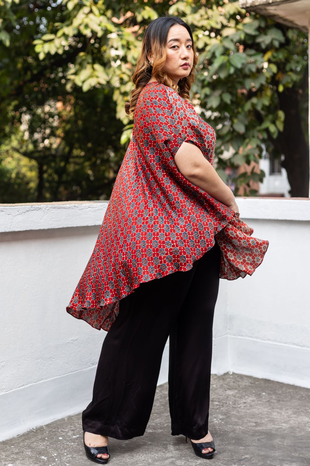 Surkh Red Ajrakh Asymmetric Tunic Set