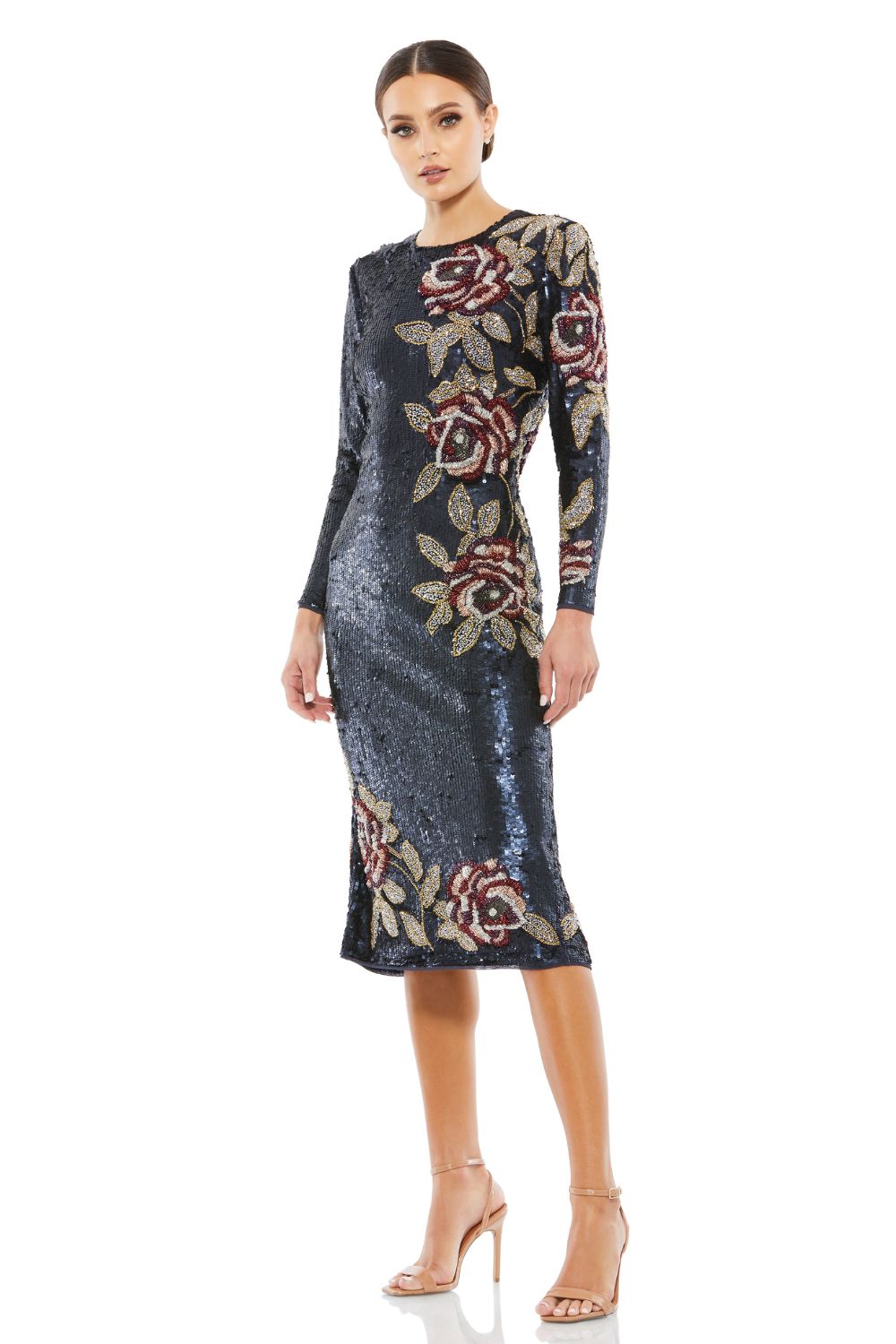 93624-Sequined Asymmetrical Floral Long Sleeve Midi Dress