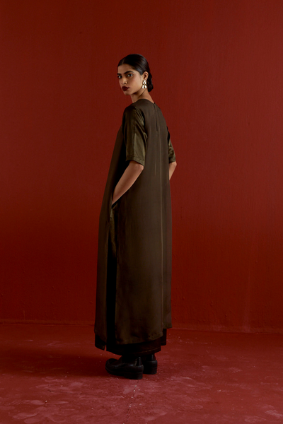 GOTA PATTI DETAIL DOUBLE LAYER DRESS-DARK OLIVE