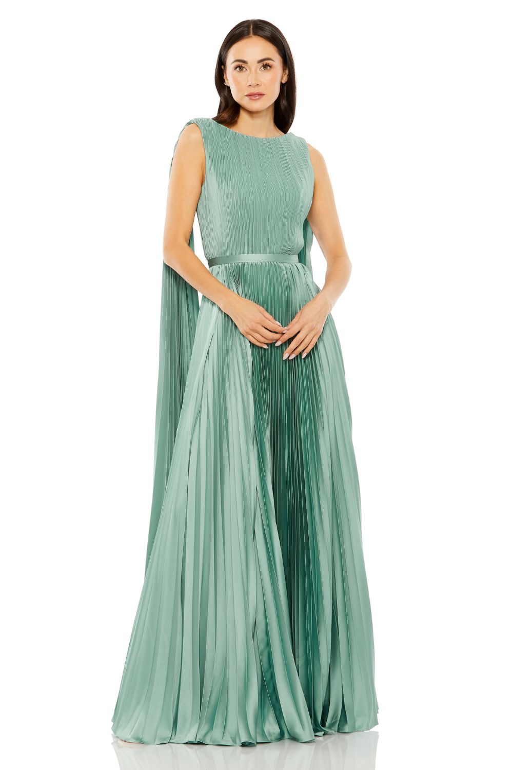 49716-Sleeveless High Neck Cape Back Heat Pleated Gown