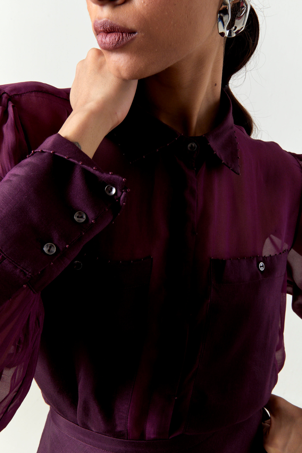 BEADED COLLAR SHEER SHIRT CO-ORD-WINE
