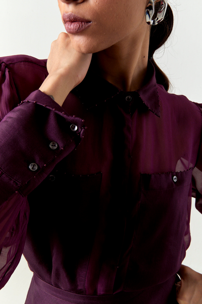 BEADED COLLAR SHEER SHIRT CO-ORD-WINE