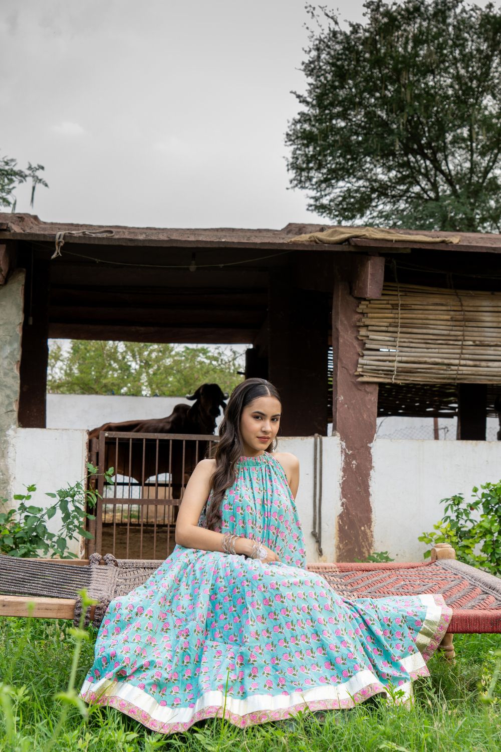 Saundh Pink and Blue Cotton hand block printed floral ghera dress