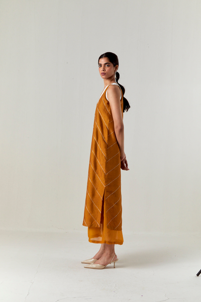 V-NECK EMBELLISHMENT DETAIL DRESS-OCHRE